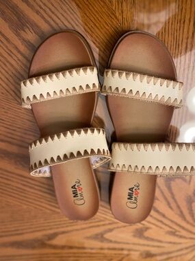 MIA Amora Cream Double-Strap Slide Sandals with Gold Trim